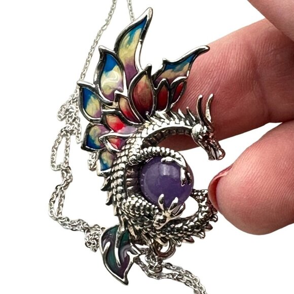 Jade of Yesteryear Womens Necklace Sterling Purple Jade Dragon Plique a Jour - Picture 5 of 5